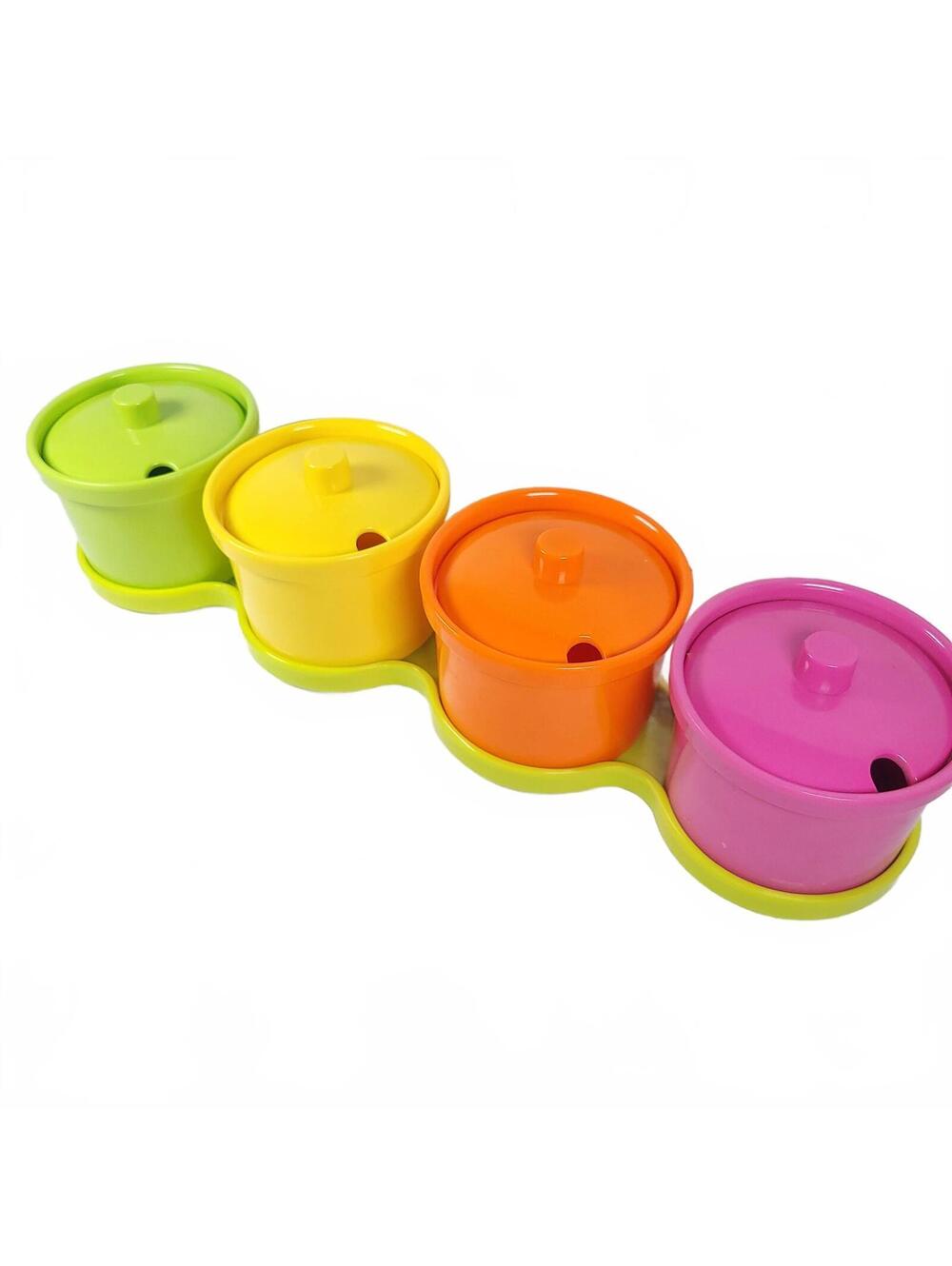 Set of 4 Colourful Melamine Condiment Jars with Lid and Tray